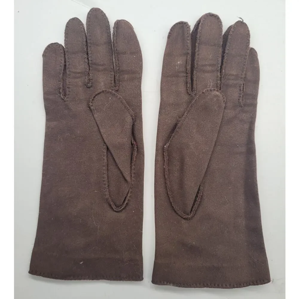 Vintage 50s Crescendoe Brown Suede Feel Button Detail Dress Gloves Retro preppy